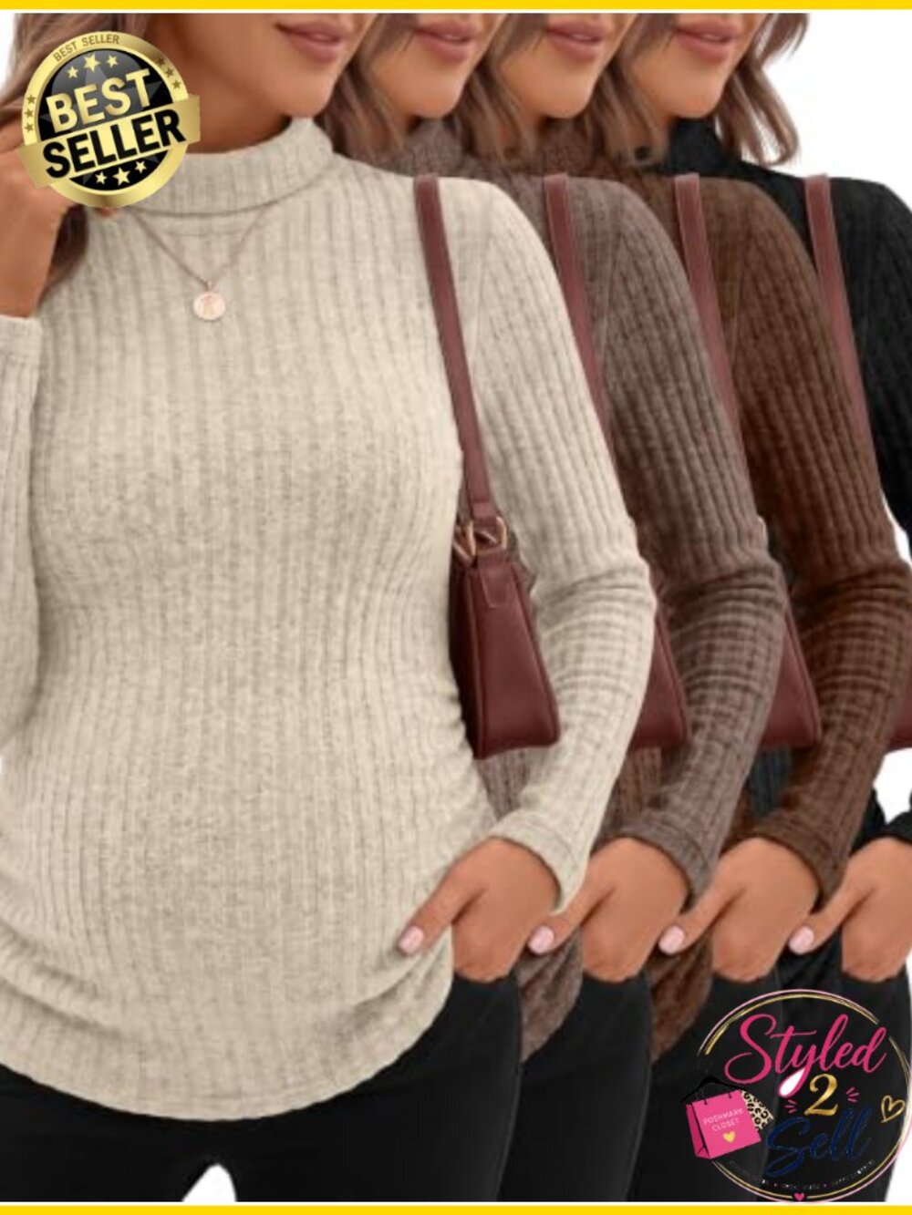4 Pack Women's Maternity Shirts Ribbed Long Sleeve Mock Neck Side Ruched Tops
